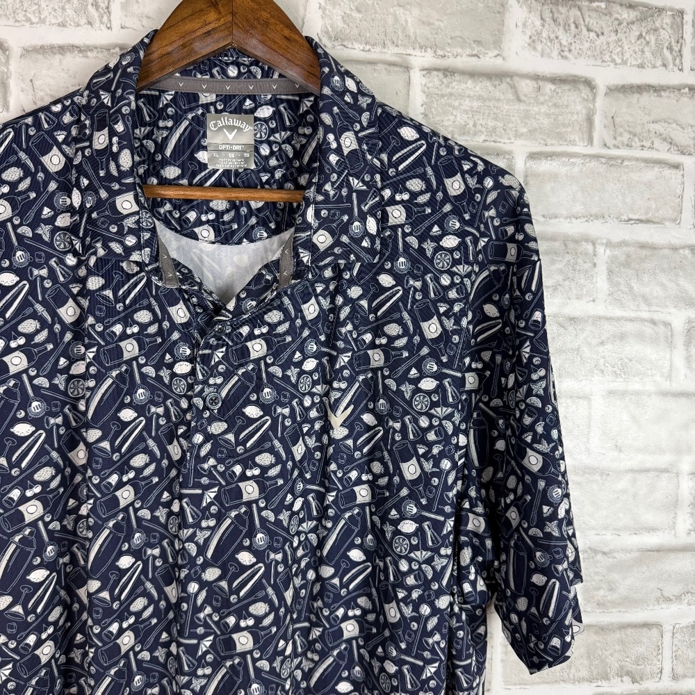 Callaway Golf Navy Blue Cocktails AOP Performance Opti-Dry Polo Mens XL Stretch